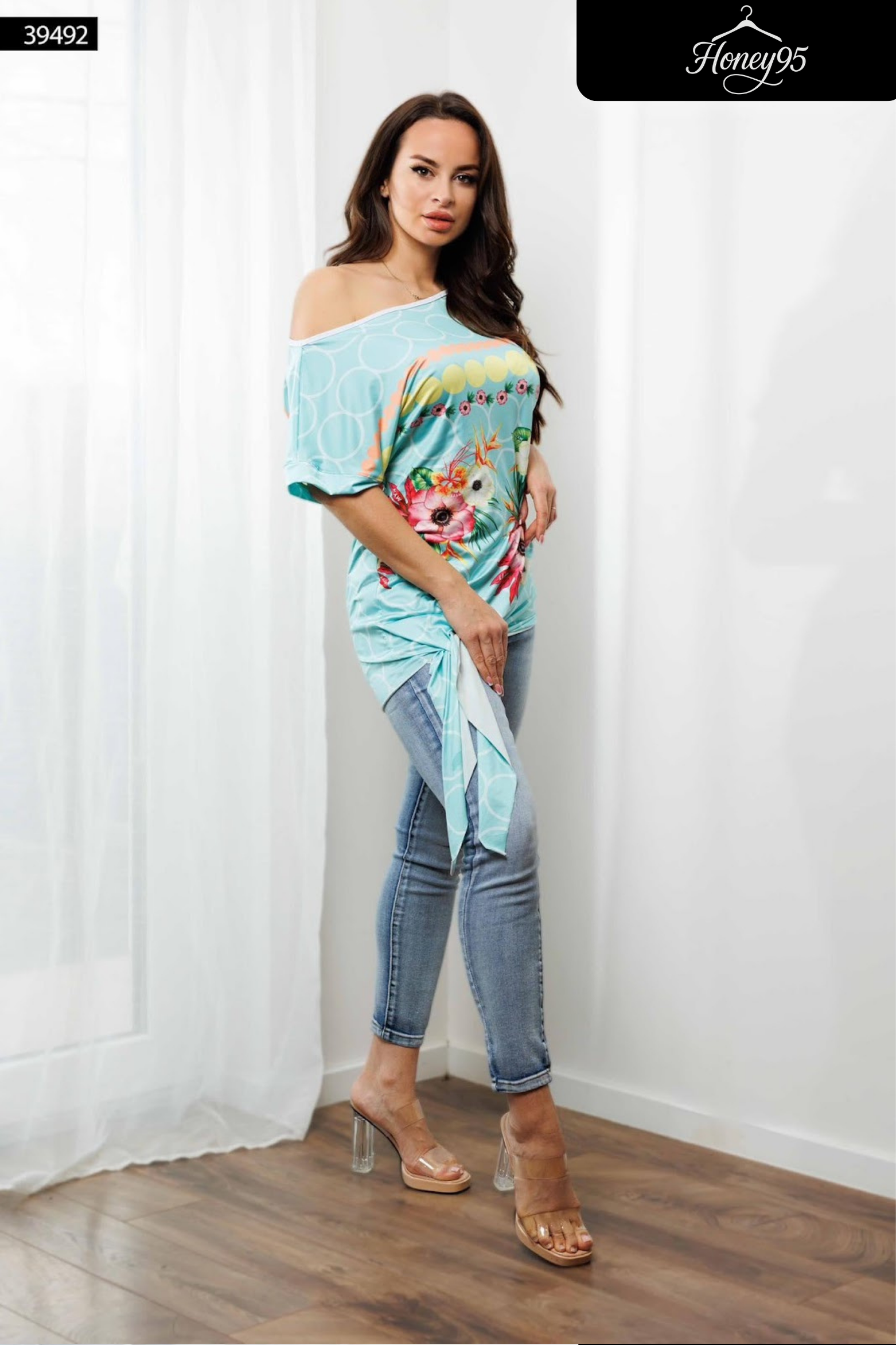 Aqua Floral Off-Shoulder Top