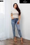 White & Beige Striped Mock-Neck Top